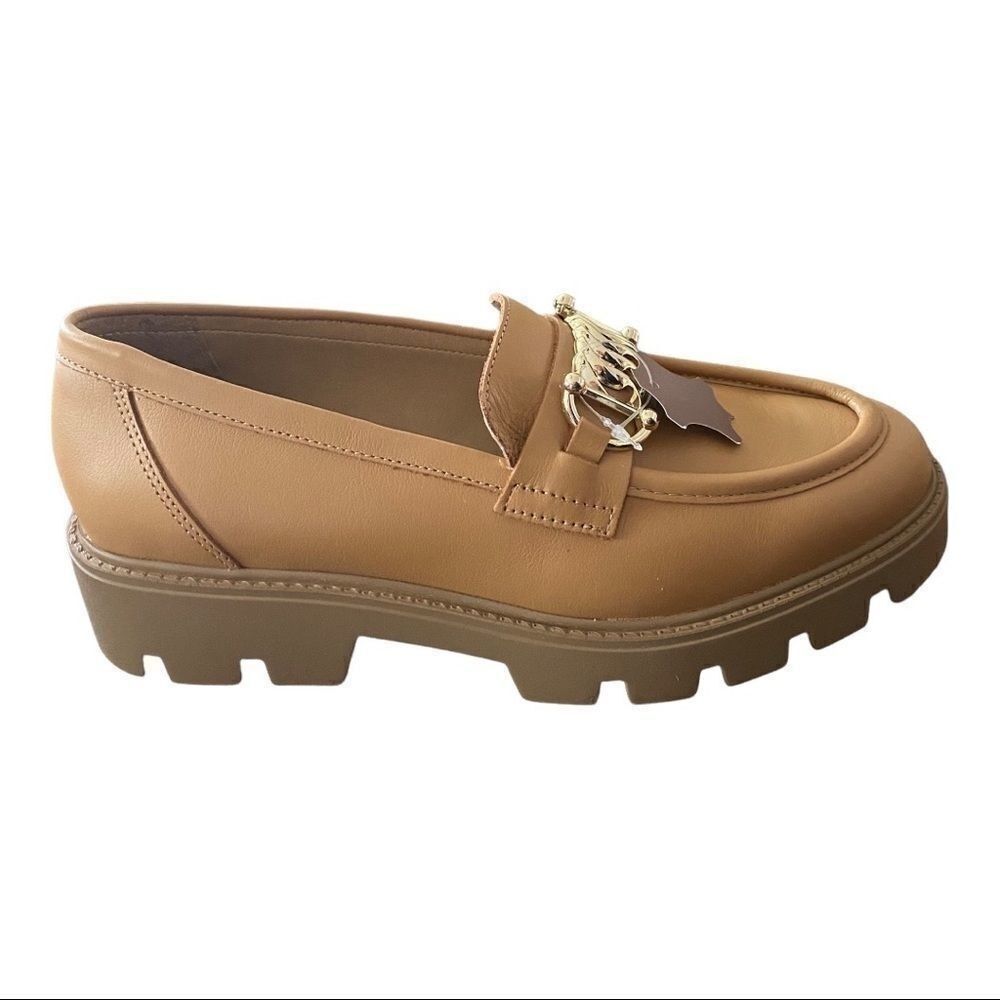 Gem Chain Detail Chunky Tan Leather Loafers NWOB SIZE 9